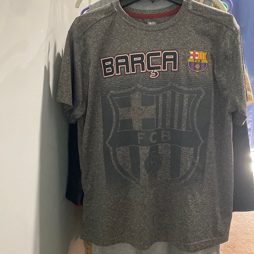 XL Official Barcelona Futbol Club merchandise. Grey poly jersey fabric. EUC